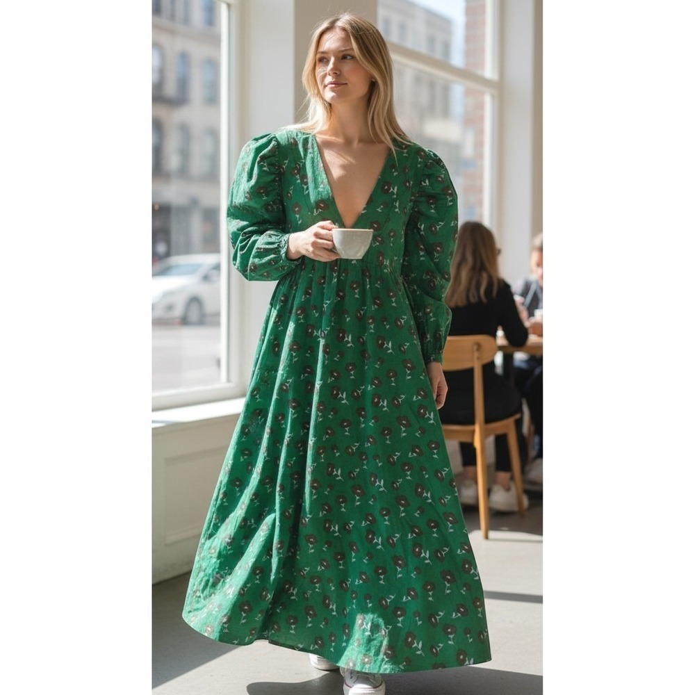 Pink Chicken Green Floral Cotton V-Neck Puff Sleeve Maxi Dress Womens Size S